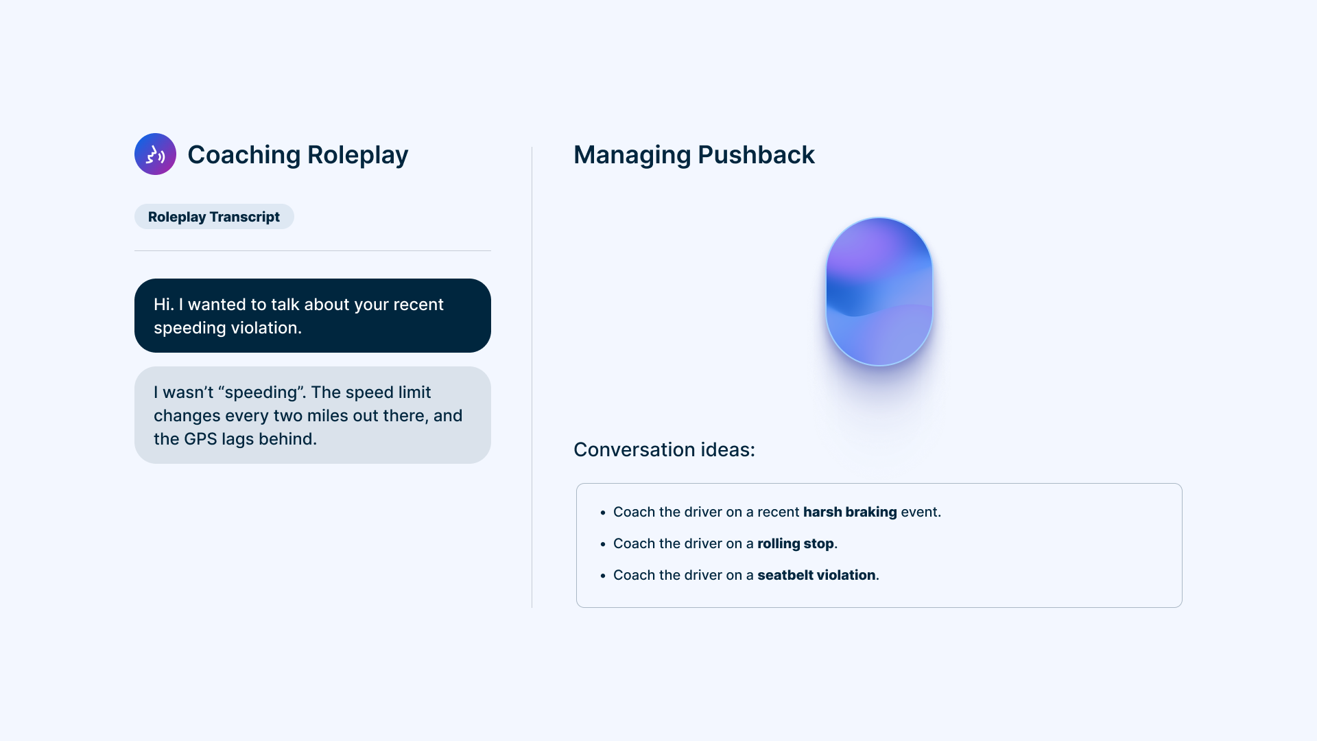 Coaching interface showing roleplay conversation about speeding violation with managing pushback and conversation ideas.