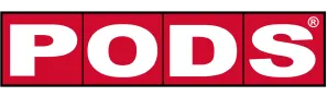 PODS logo featuring white letters on a red background with segmented rectangular design.