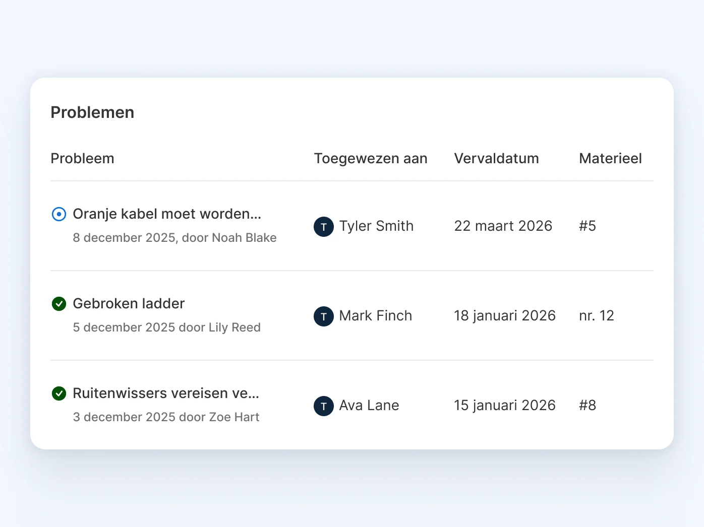 Interface voor probleemmanagement met daarop drie onderhoudstaken met toegewezen personeel, vervaldata en materieelnummers