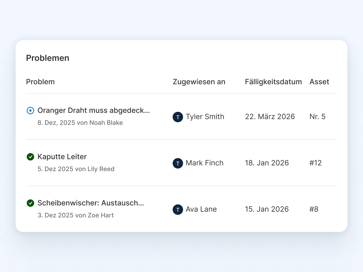 Benutzeroberfläche, die drei Wartungsaufgaben mit zugewiesenem Personal, Fälligkeitsdaten und Asset-Nummern anzeigt