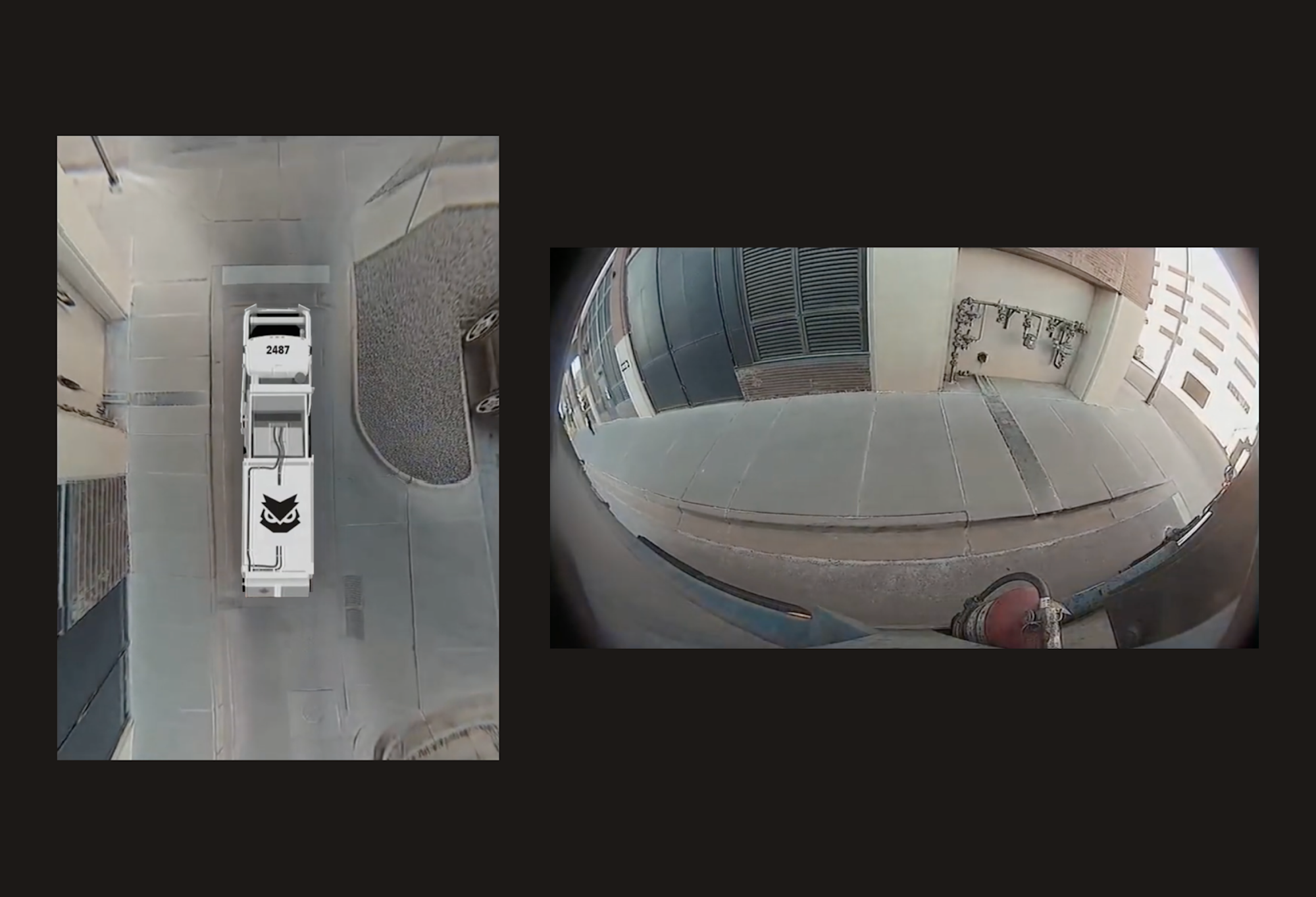 Deux vues de caméra : un véhicule blanc numéroté 2487 vu du dessus, et une vue fisheye d'une cour industrielle.