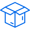 Simple blue outline icon of an open cardboard box or package shown from an angled perspective.