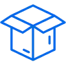 Simple blue outline icon of an open cardboard box or package shown from an angled perspective.