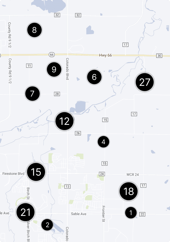 Map showing circular markers (1–27) positioned across a road network with Highway 66 running through the centre.