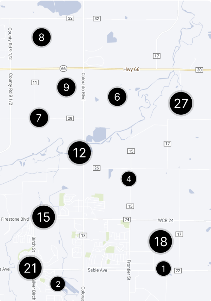 Map showing circular markers (1-27) positioned across a road network with Highway 66 running through the center.
