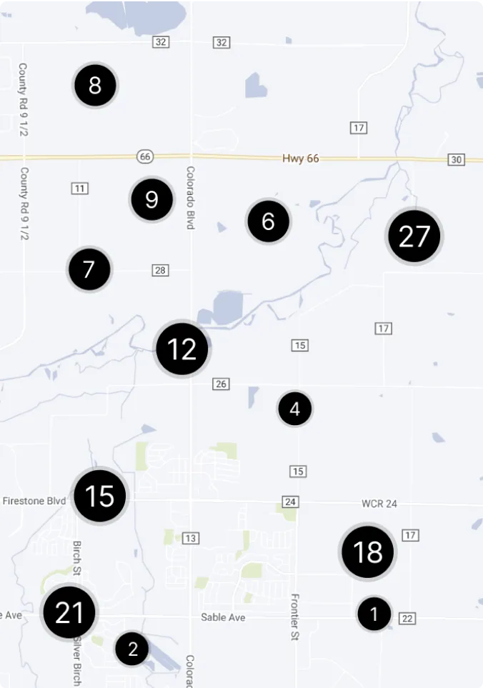 Map showing circular markers (1-27) positioned across a road network with Highway 66 running through the center.