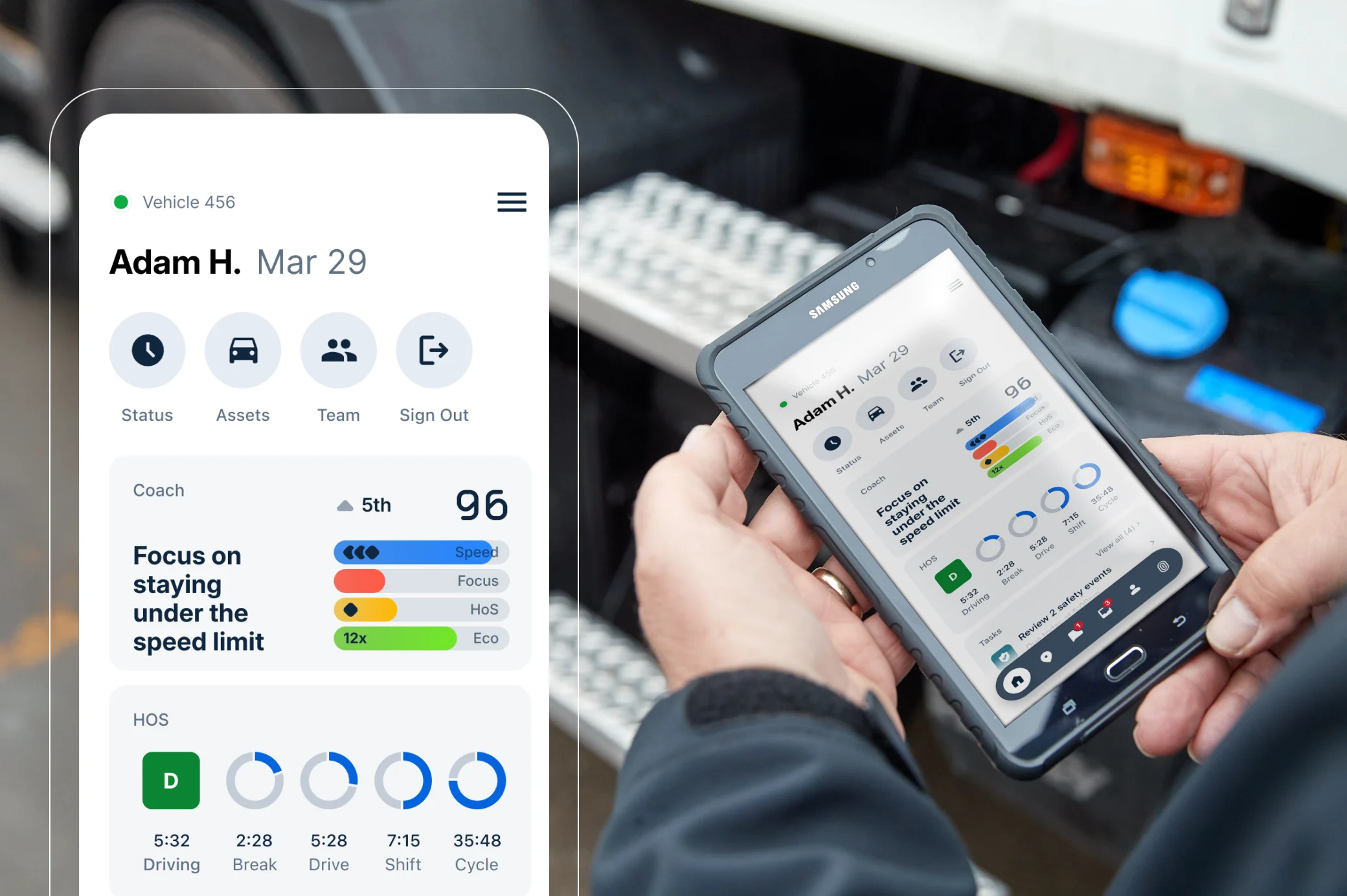Person holding Samsung phone displaying driver performance app with speed monitoring and safety score of 96.
