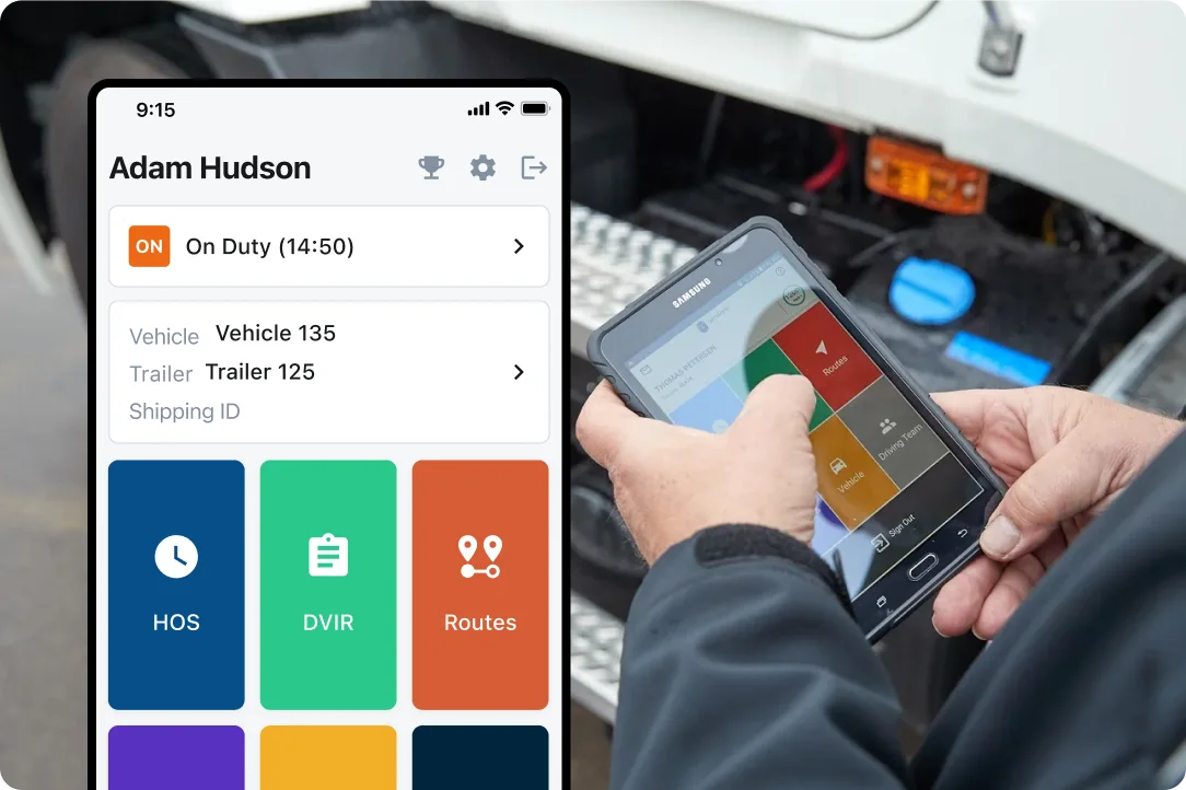 Person holding Samsung phone displaying driver performance app with speed monitoring and safety score of 96.