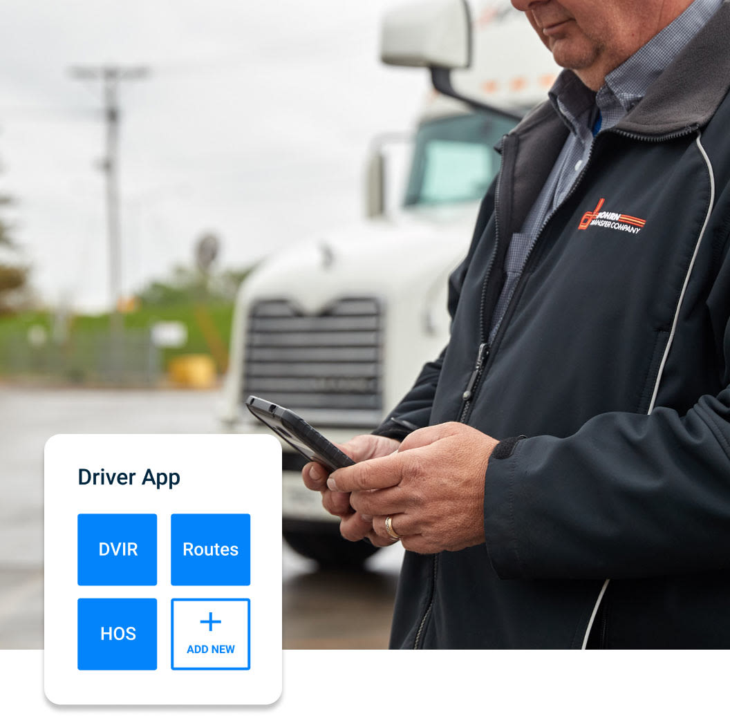 Worker on mobile phone standing next to truck. Overlay shows Samsara Driver App Customization