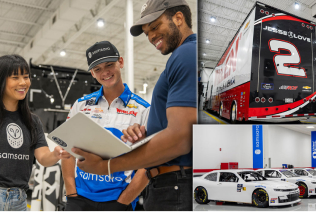 Nascar and Samsara partnership shown working together on a computer along with race cars and trailer.