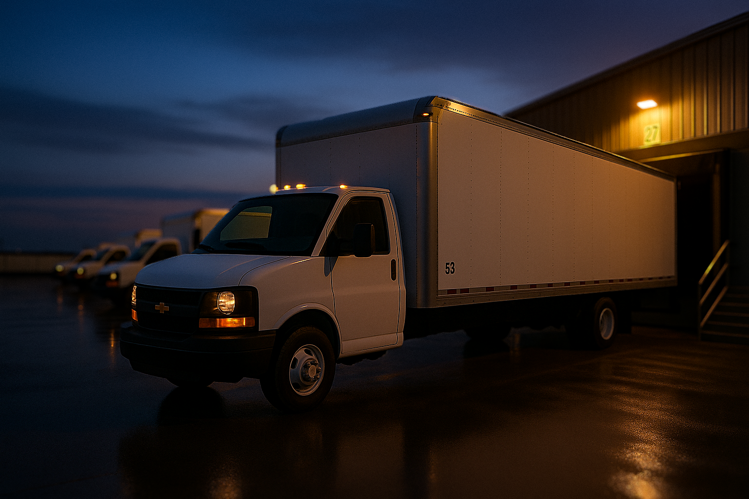 Camion-caisse devant un entrepôt au crépuscule
