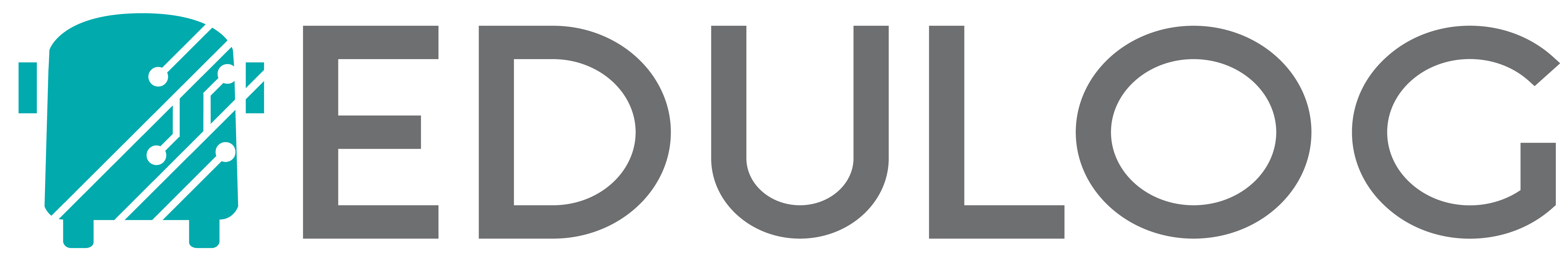 Teal stylized bus or backpack icon with circuit board pattern above the word "EDULOG" in gray text.
