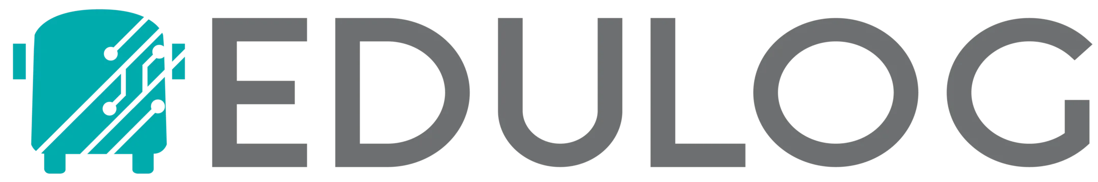 Teal stylized bus or backpack icon with circuit board pattern above the word "EDULOG" in gray text.