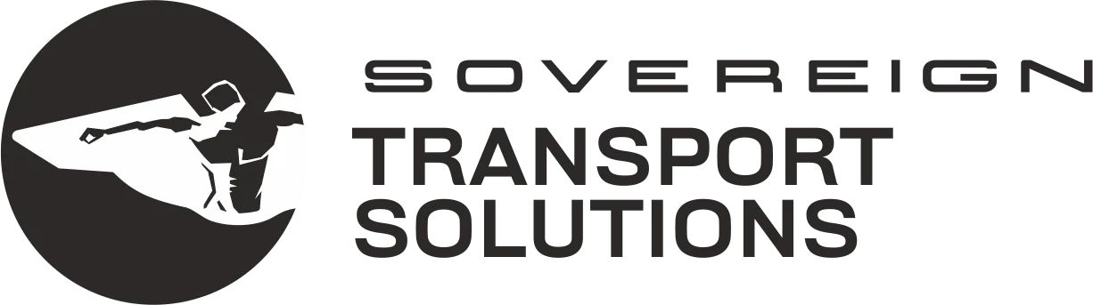 Logo von Sovereign Transport Solutions mit Fahrzeug in einem schwarzen Kreis und Firmennamen in moderner Schrift.