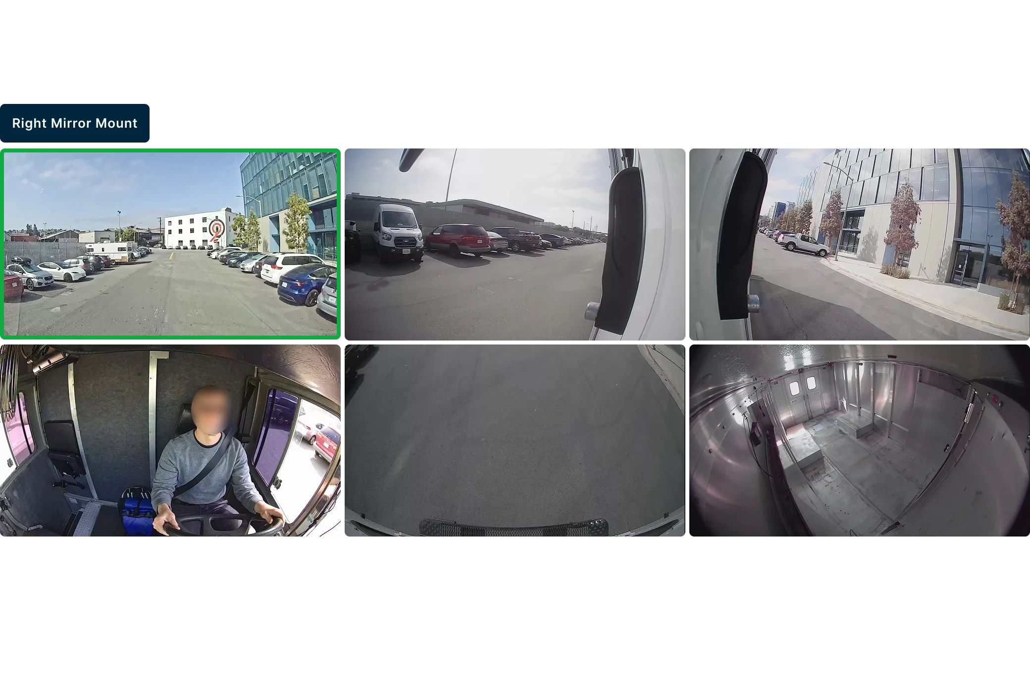 Multiple camera views from a vehicle showing parking lots, building exteriors, and interior vehicle perspectives.