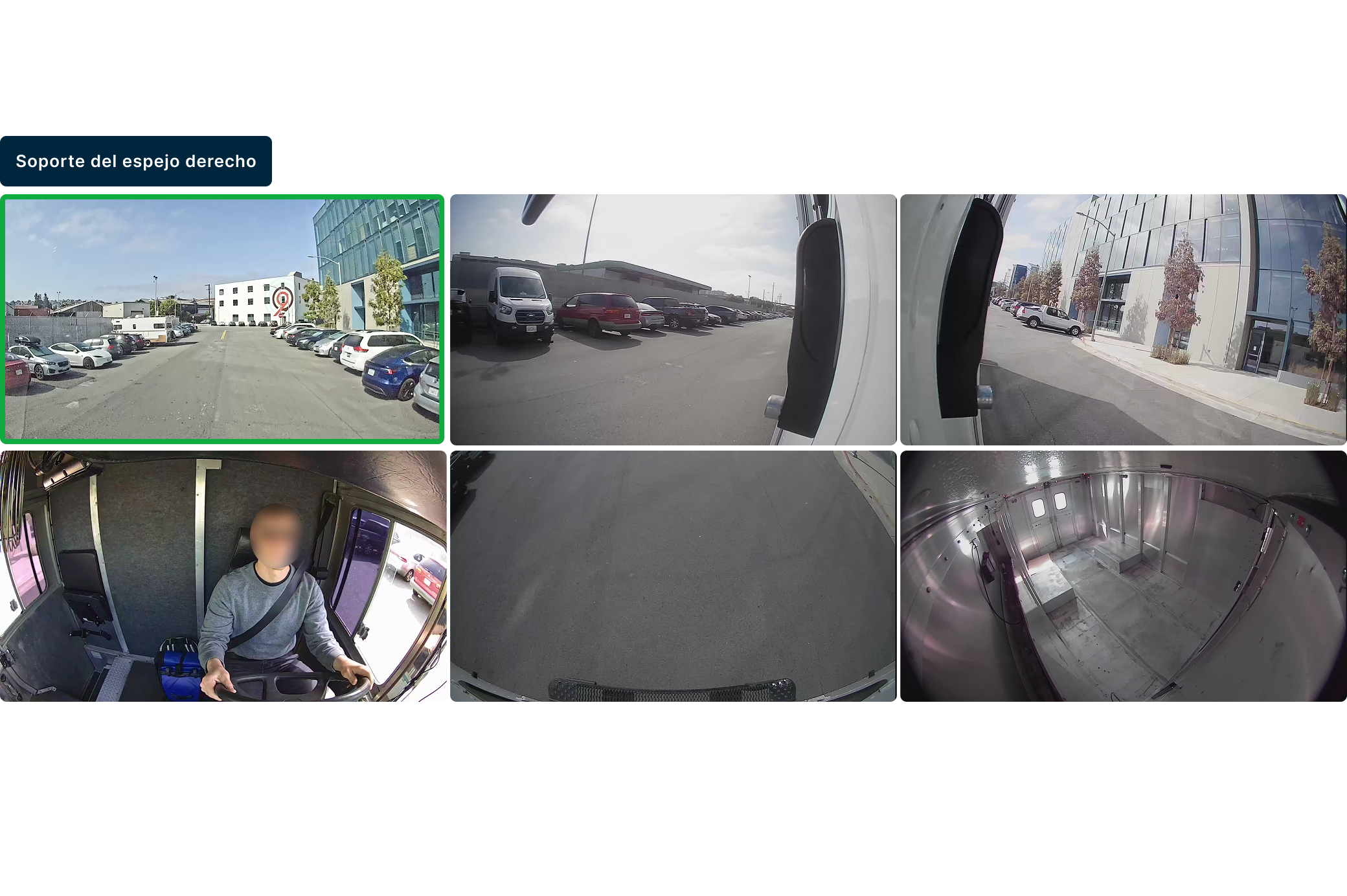 Vistas de cámaras desde un vehículo con estacionamientos, exteriores de edificios y perspectivas interiores del vehículo.