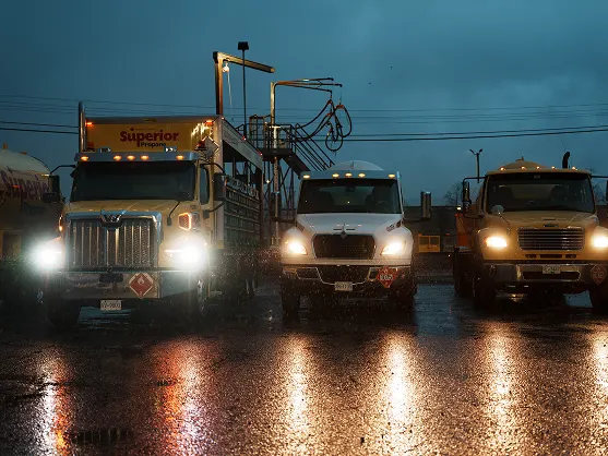 Three Superior Propane trucks with headlights on driving in rainy, dark conditions on a wet road.