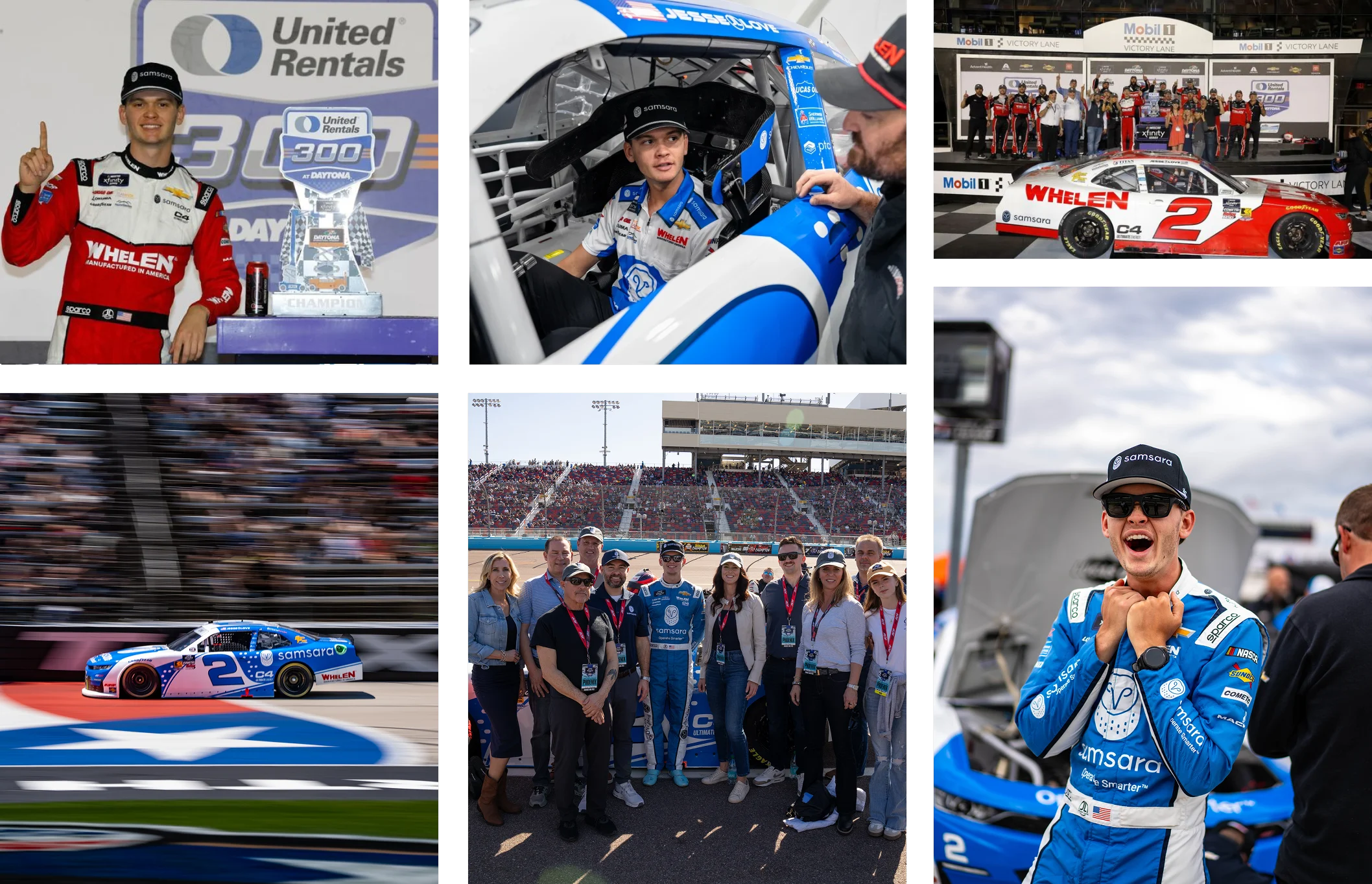 Un automóvil azul y blanco con el logotipo "Samsara" circulando por una pista de carreras por el piloto de Nascar, Jesse Love