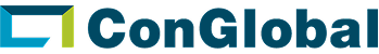 Logo ConGlobal avec des formes géométriques bleu sarcelle et vertes à côté du nom de l’entreprise en texte gras bleu sarcelle