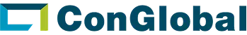 Logo ConGlobal avec des formes géométriques bleu sarcelle et vertes à côté du nom de l’entreprise en texte gras bleu sarcelle