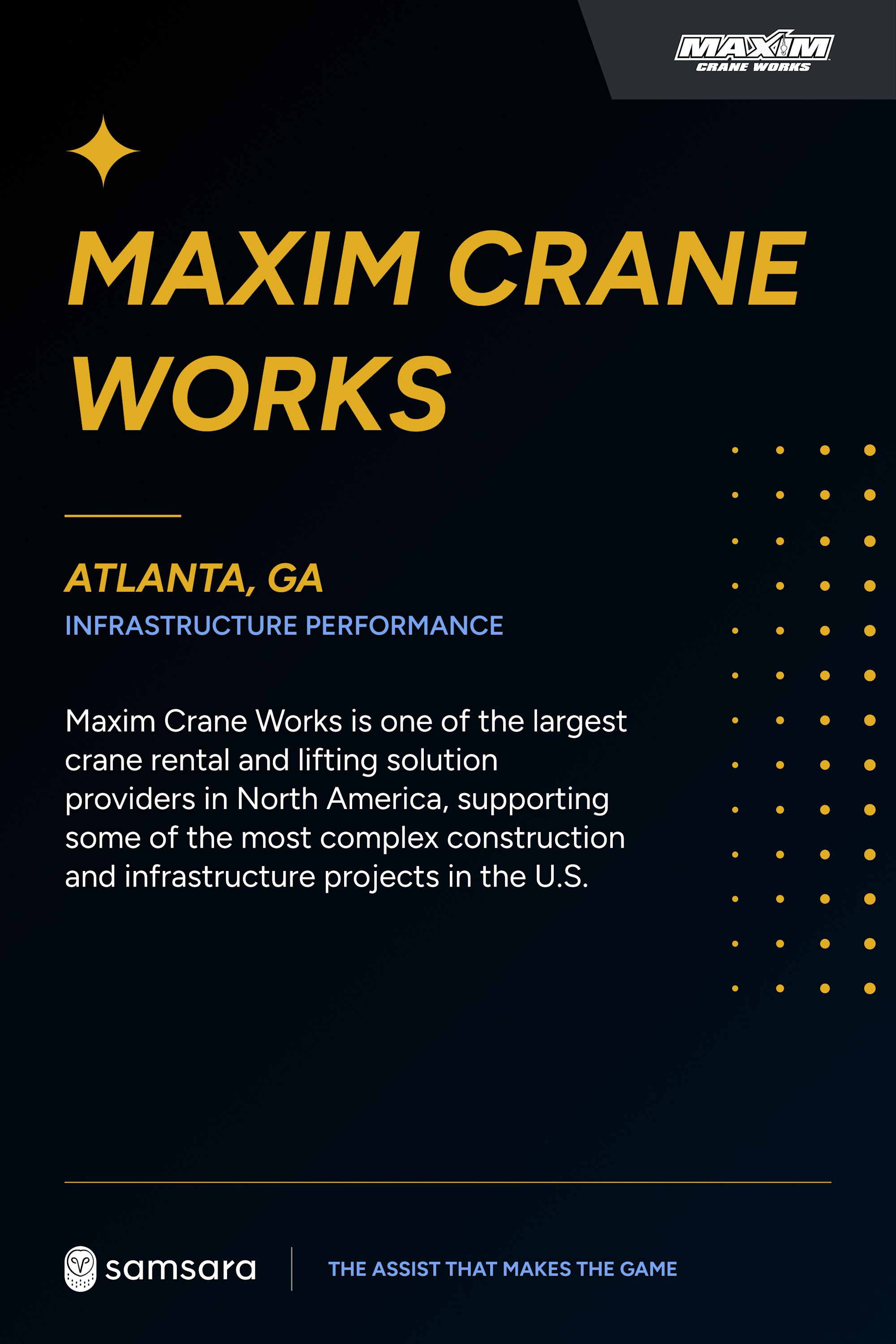 Maxim Crane Works promotional card, highlighting Atlanta, GA infrastructure performance and Samsara branding.