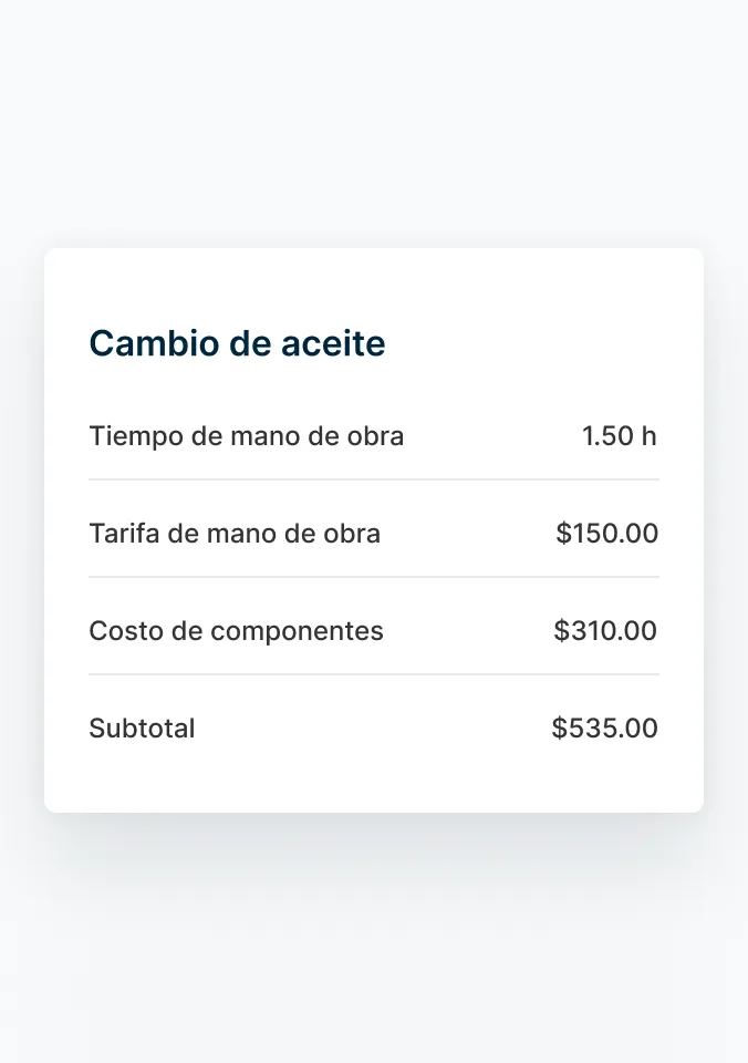 Un resumen detallado de un cambio de aceite reciente, con horas de trabajo, costo de la mano de obra, piezas y total.
