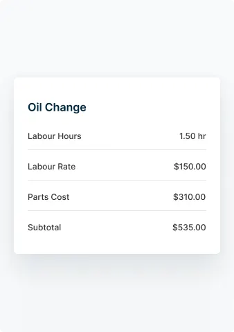 An itemized summary of a recent oil change, including the labor hours and cost of labor, parts, and the total.
