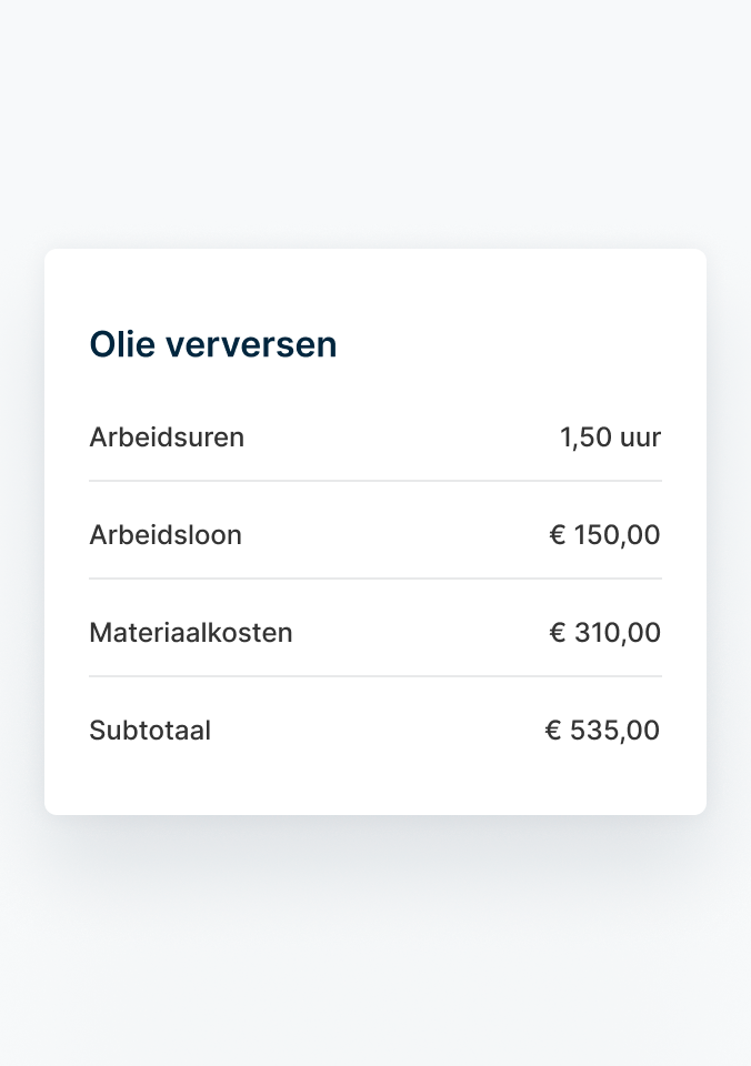 Gespecificeerd overzicht van een recente oliewissel, inclusief arbeidsuren, uurtarief, onderdelen en het totaal.