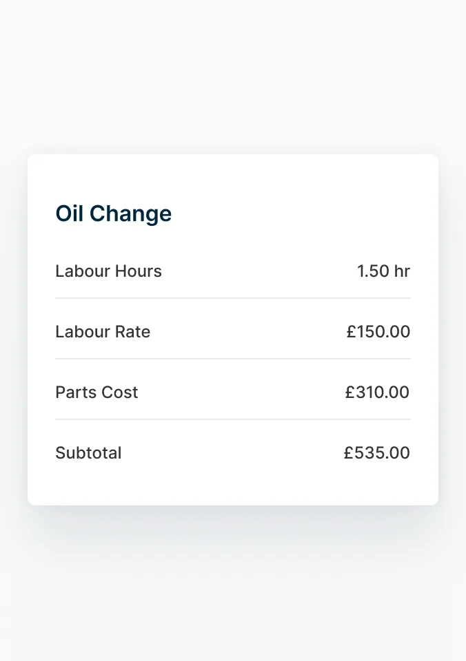 An itemised summary of a recent oil change, including the labour hours and cost of labour, parts and the total.