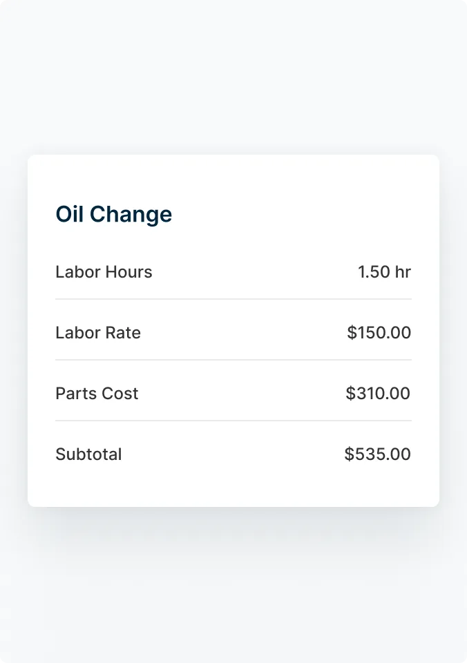 An itemized summary of a recent oil change, including the labor hours and cost of labor, parts, and the total.