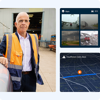 Worker in orange safety vest standing outside industrial facility with VDO interface panels showing monitoring screens
