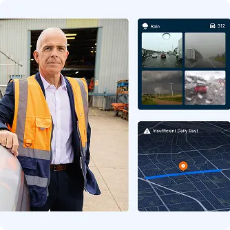 Worker in orange safety vest standing outside industrial facility with VDO interface panels showing monitoring screens
