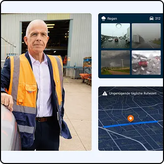 Arbeiter in oranger Sicherheitsweste vor einer Industrieanlage mit VDO-Interfacepanels, die Überwachungsbildschirme anzeigen