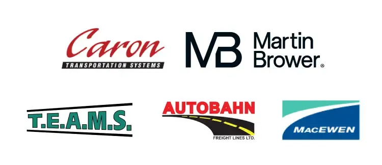 Logos de cinq entreprises partenaires: Caron, Martin Brower, T.E.A.M.S., Autobahn et MacEwen.