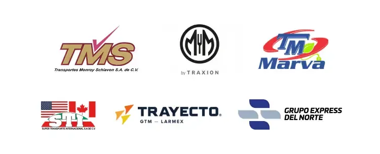 Logotipos de empresas de transporte y logística incluyendo TMS, Marva, Trayecto y Grupo Express del Norte.