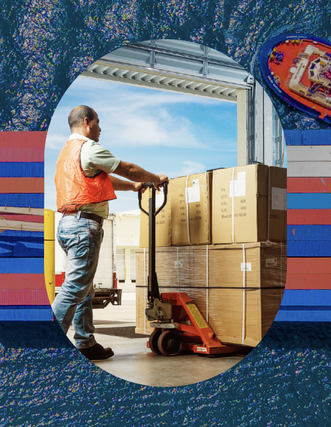 Worker safely loads goods onto shipping dock.