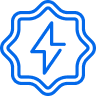 Blue outline of a shield or badge shape with a lightning bolt icon in the center, representing power or energy.