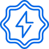 Blue outline of a shield or badge shape with a lightning bolt icon in the center, representing power or energy.