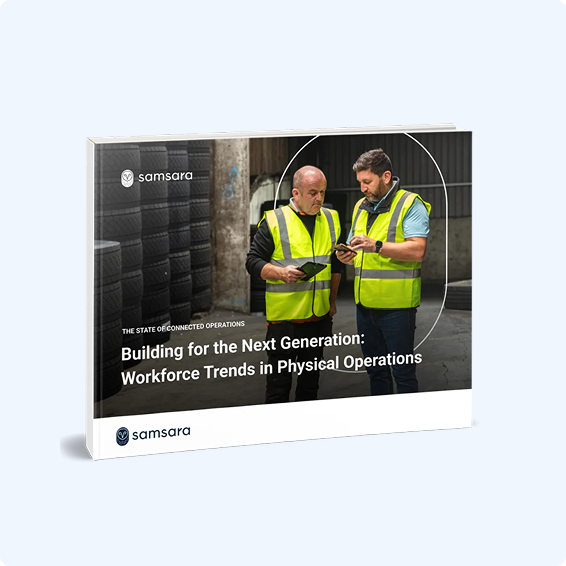 Two workers in safety vests reviewing information on a tablet, featured on Samsara's workforce trends report cover.