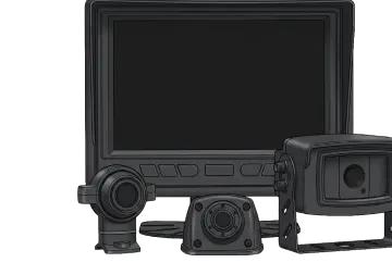 Black vehicle backup camera system with a monitor screen and three camera units on white background.