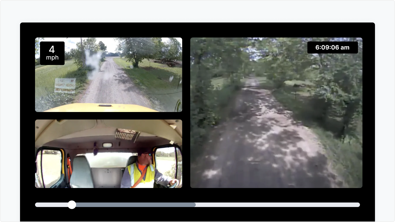 Split-screen dashboard camera views showing rural dirt roads, vehicle interior with driver in safety vest traveling at 4 mph