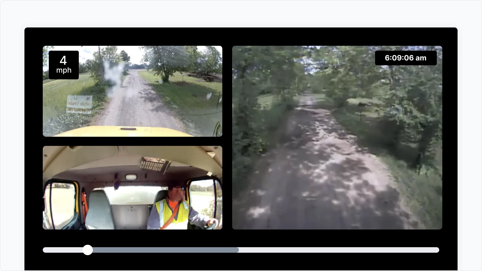 Split-screen dashboard camera views showing rural dirt roads, vehicle interior with driver in safety vest traveling at 4 mph
