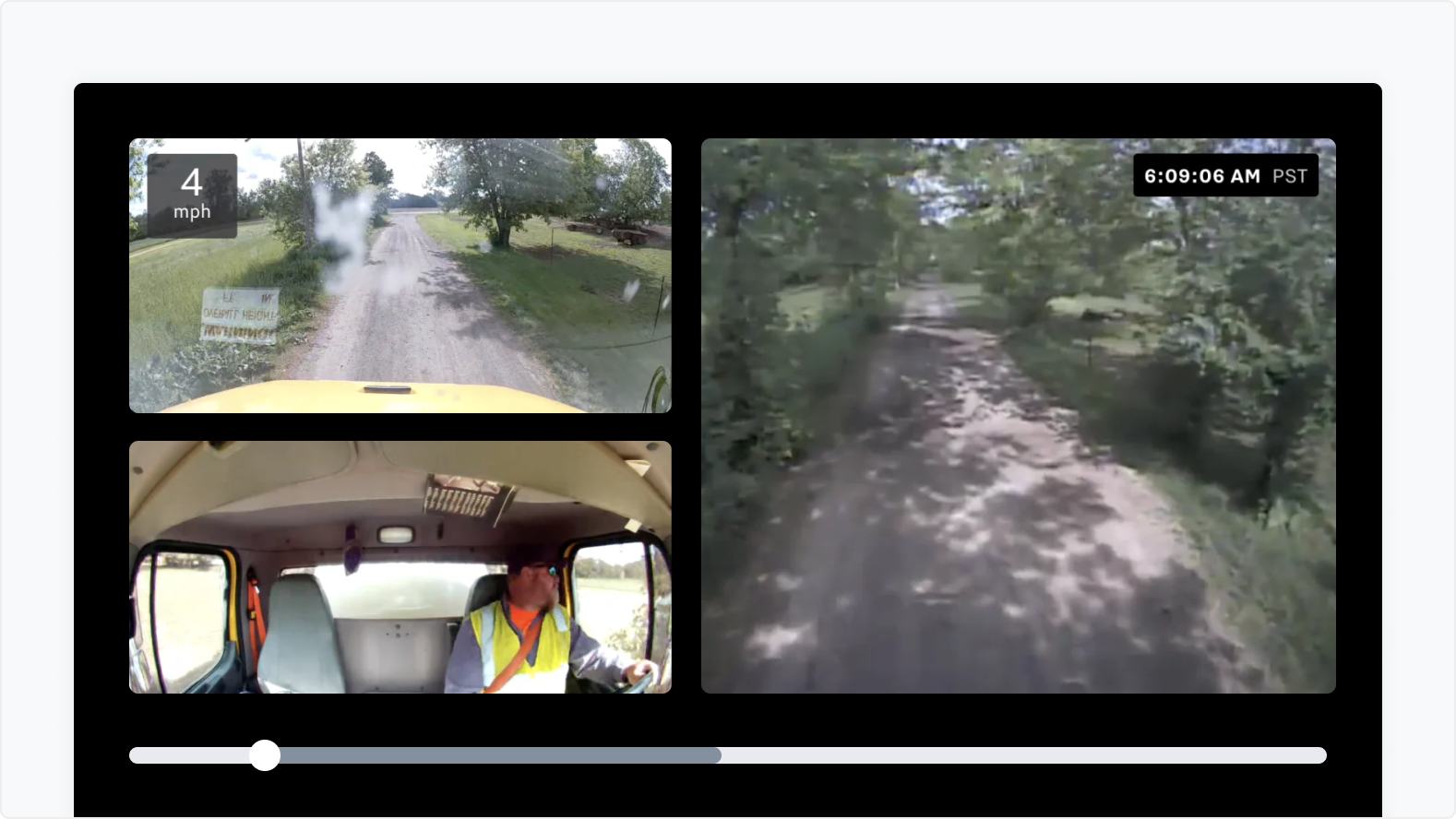 Split-screen dashboard camera views showing rural dirt roads, vehicle interior with driver in safety vest traveling at 4 mph