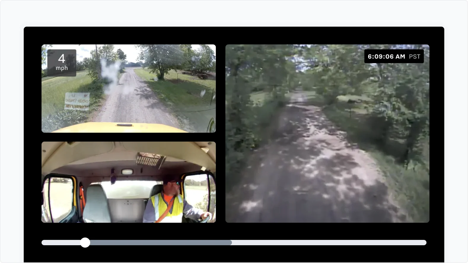 Split-screen dashboard camera views showing rural dirt roads, vehicle interior with driver in safety vest traveling at 4 mph