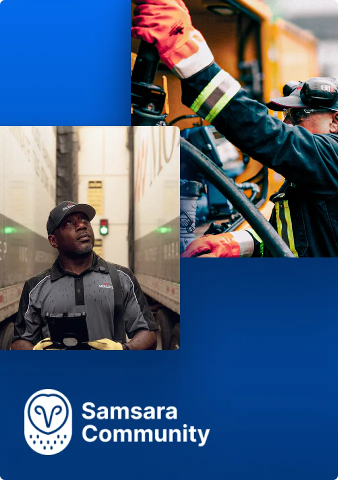 Two workers in safety gear near trucks, with the Samsara Community logo on a blue background.