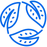 Three blue stylized leaves arranged in a circular pattern forming a recycling or sustainability symbol.