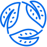 Three blue stylized leaves arranged in a circular pattern forming a recycling or sustainability symbol.