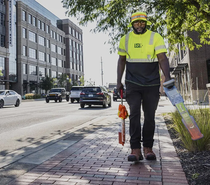 Construction worker in bright yellow safety vest walking on sidewalk carrying equipment in urban setting.