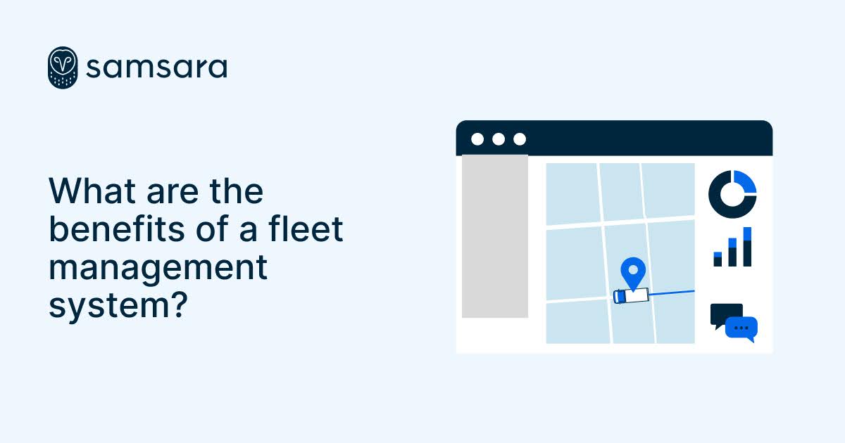 Samsara fleet management interface showing a map with vehicle location, analytics charts, and messaging on a light blue background.