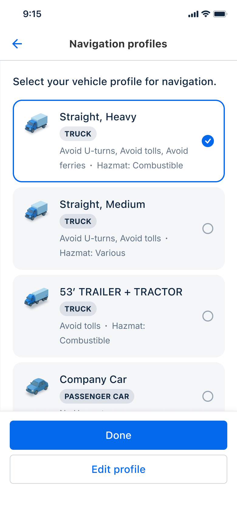 Navigation Vehicle Profile Settings